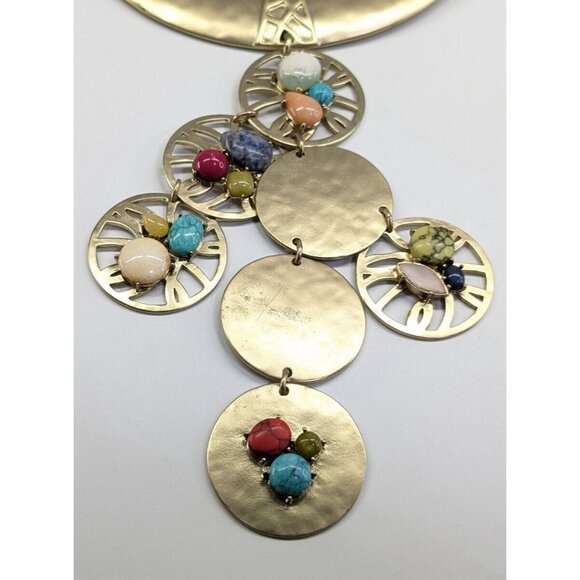 Chico's Huge Chunky Multi Strand Multi Color Stone Gold Tone Medallion Necklace - Picture 6 of 10